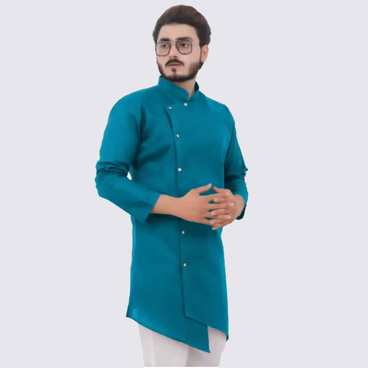 Tibra Collection Men Asymmetric Kurta - Ocean | Striped | Cotton Blend | L