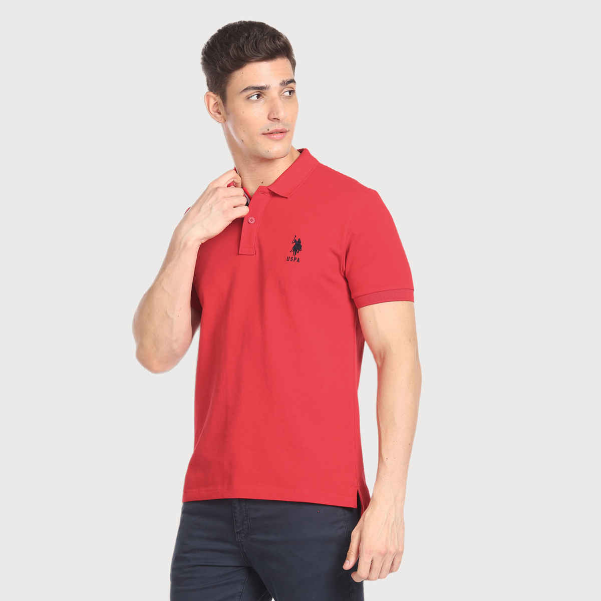 USPA Solid Pique Cotton Polo T Shirt For Men - Red - M