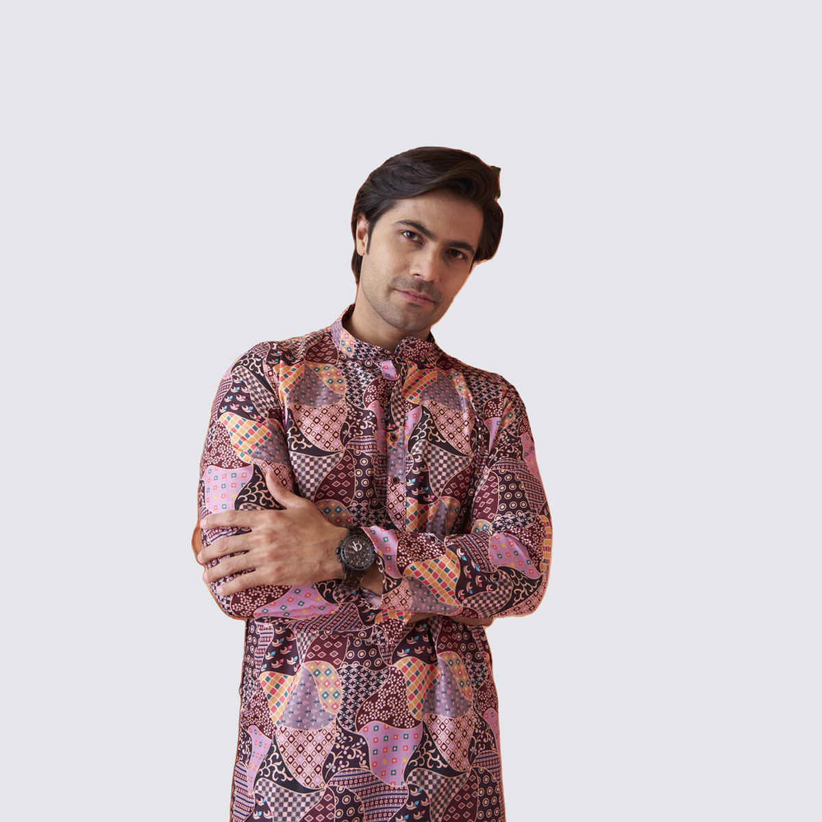 House Of Festivals Men's Printed Cotton Blend Long Kurta | Multicolor - XL
