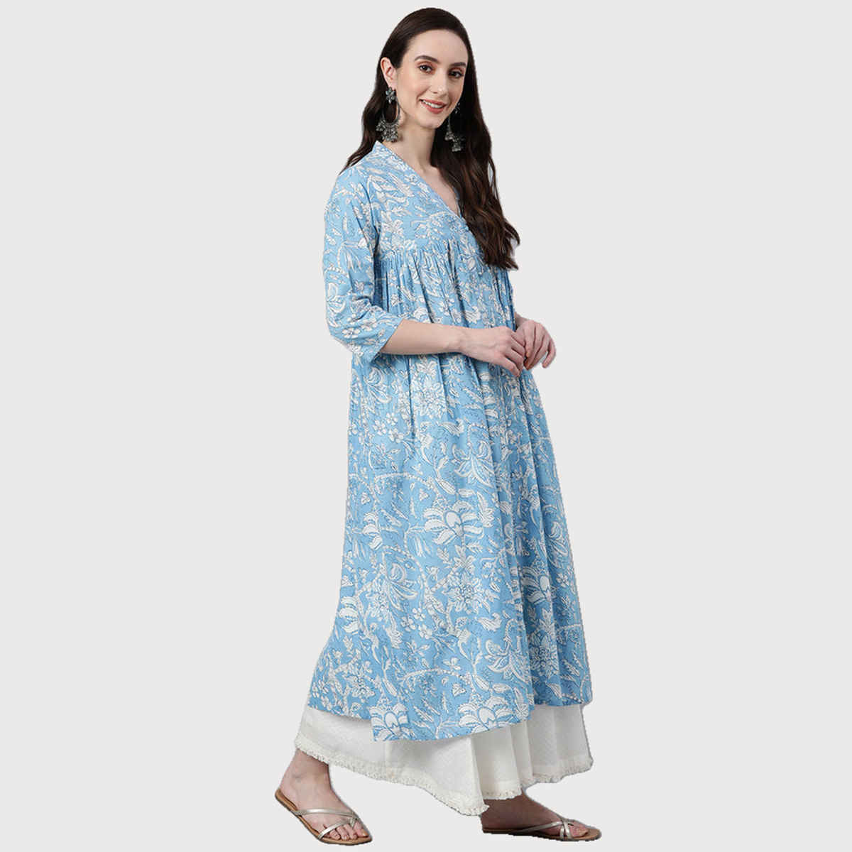 Janasya Women's Sky Blue Pure Cotton Floral Printed Flared Kurta | 2XL