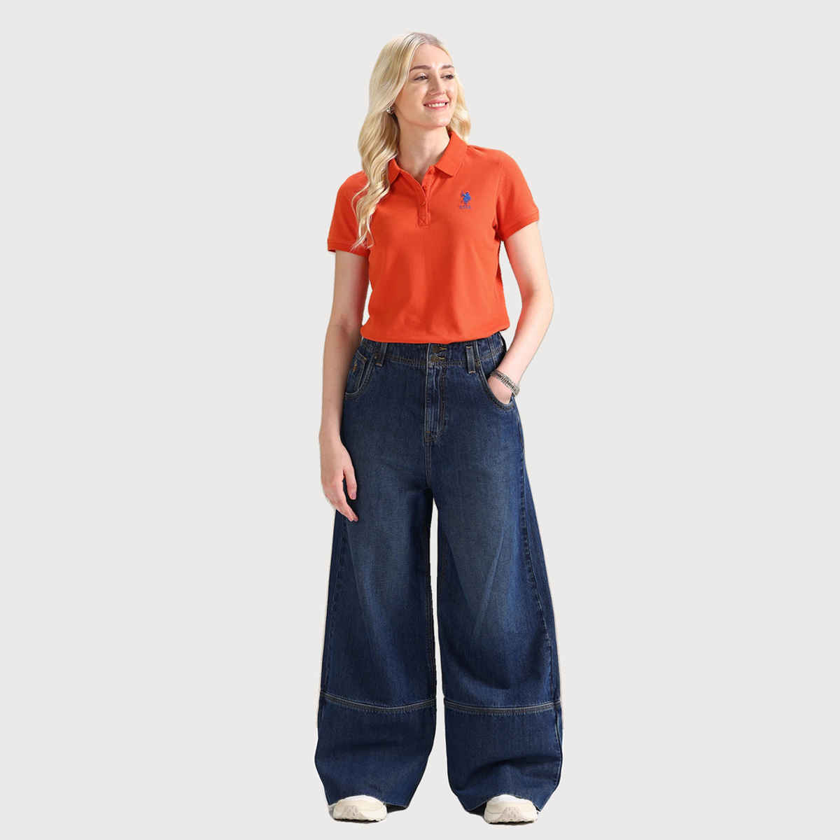 U.S. Polo Assn. Women's Embroidered Logo Solid Polo T-shirt | Orange - M