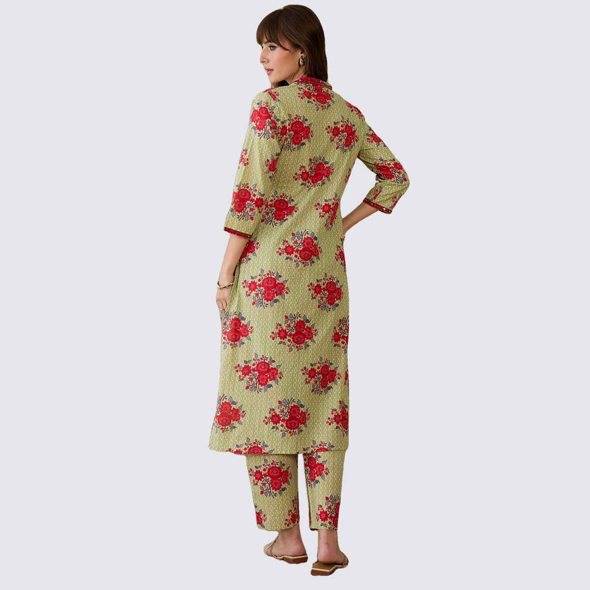 INDO ERA Women's Printed Straight Kurta Pant Set | KS0GN10047 | Green - XL