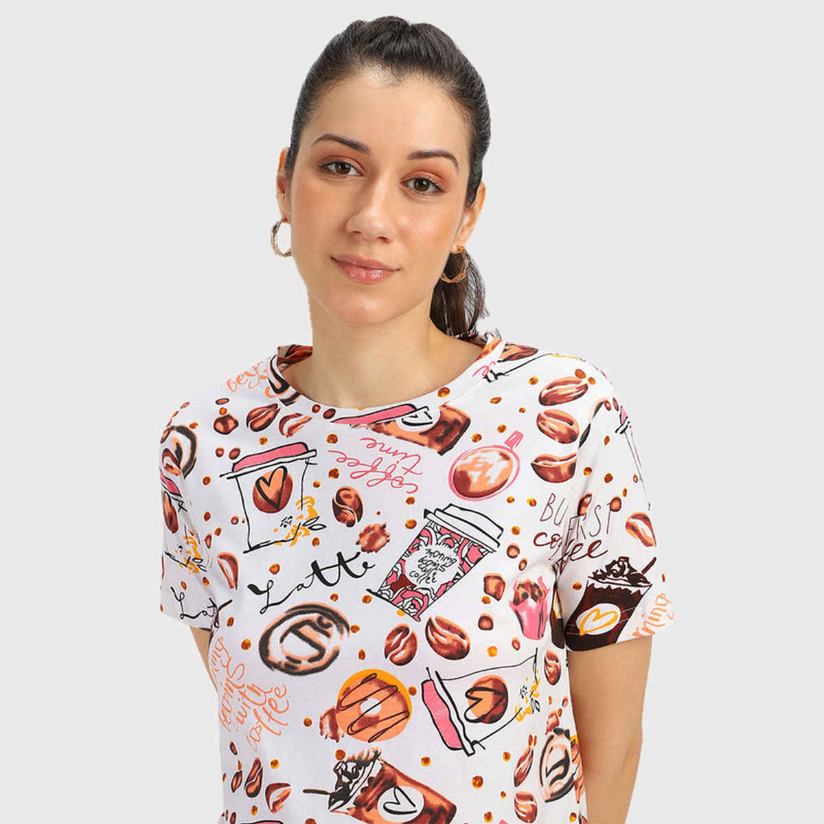 Juneberry White All over Printed Regular Fit T-shirt for Women - S