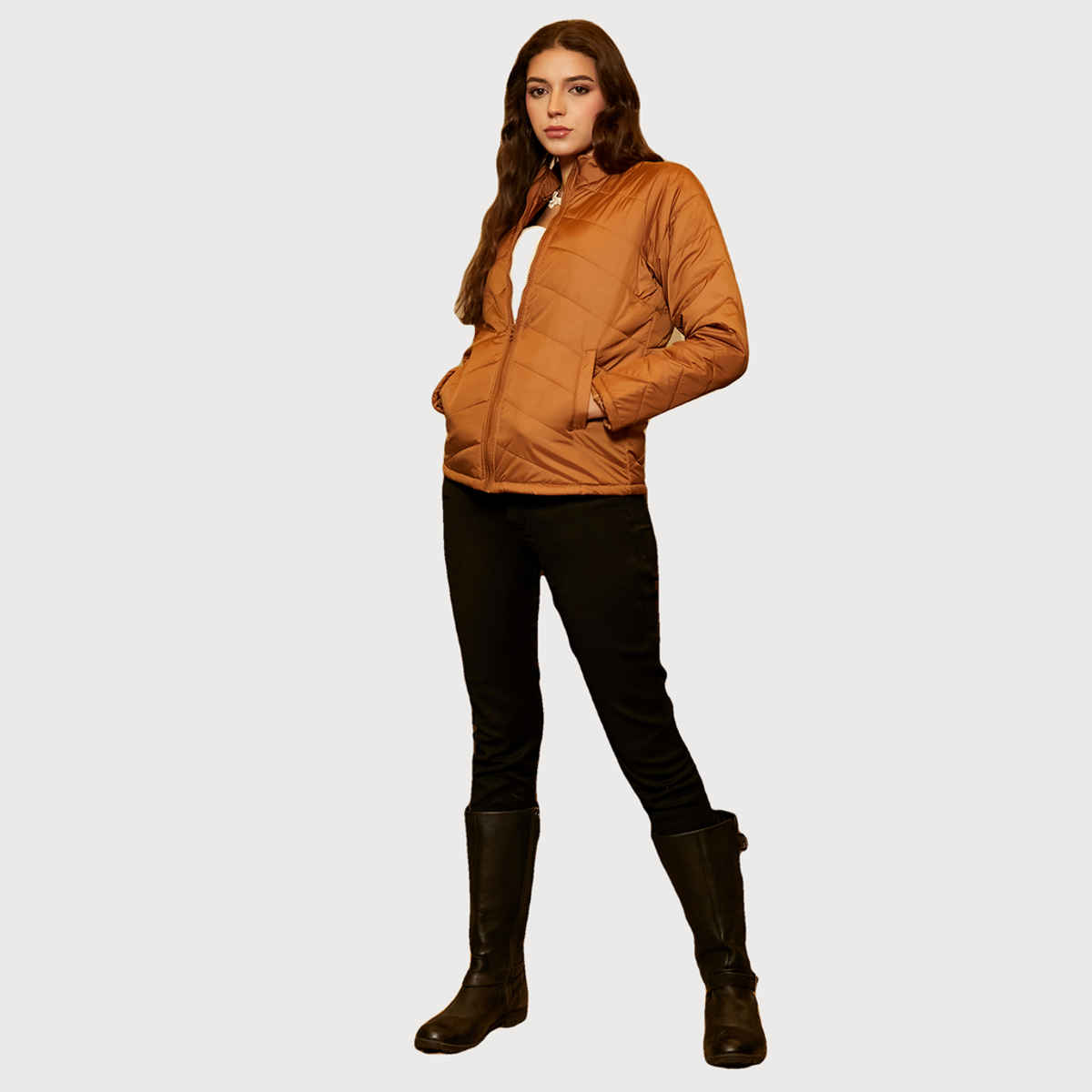 Campus Sutra Women's Chevron Quilted Jacket | Sienna Brown - M