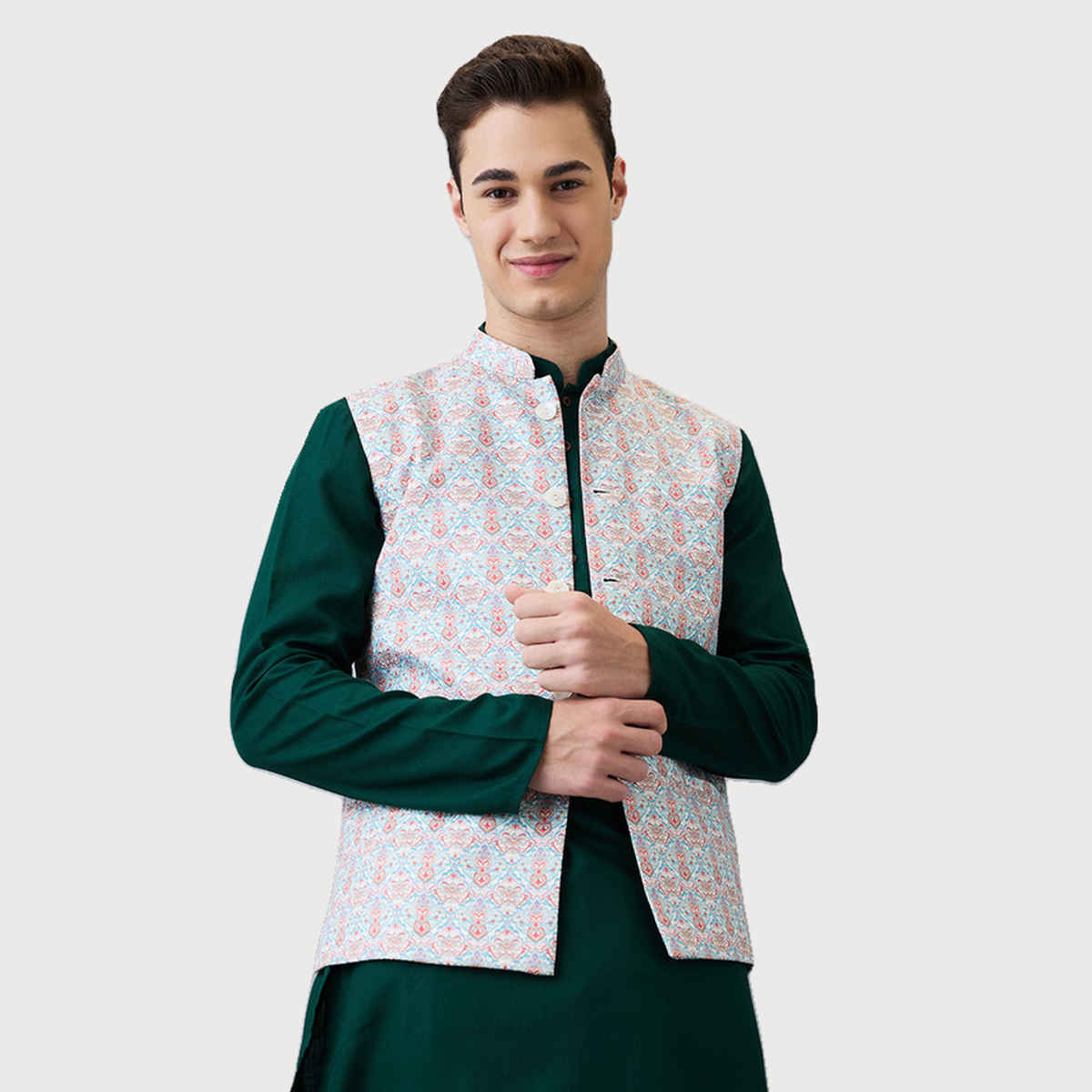Ethnix by Raymond Men's Regular Fit Poly Cotton Blend Print Stand Collar Bundi | Light Blue - L