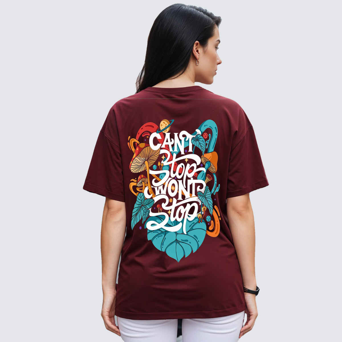 Smartees Women's Oversize Printed T-shirt | WW - 2030 | Maroon - M