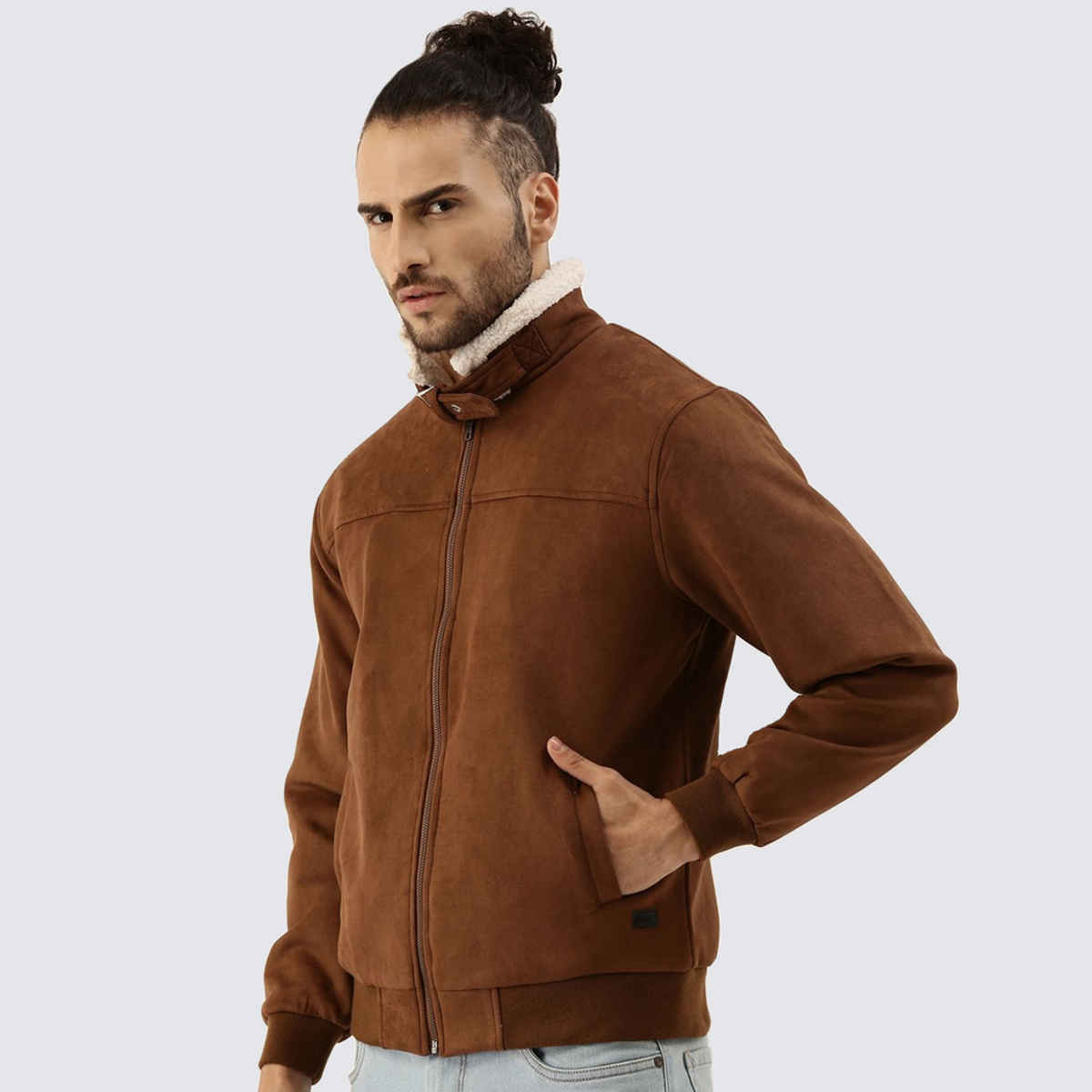 Campus Sutra Men's Zip-Front Jacket With Fleece Detail | Brown - L