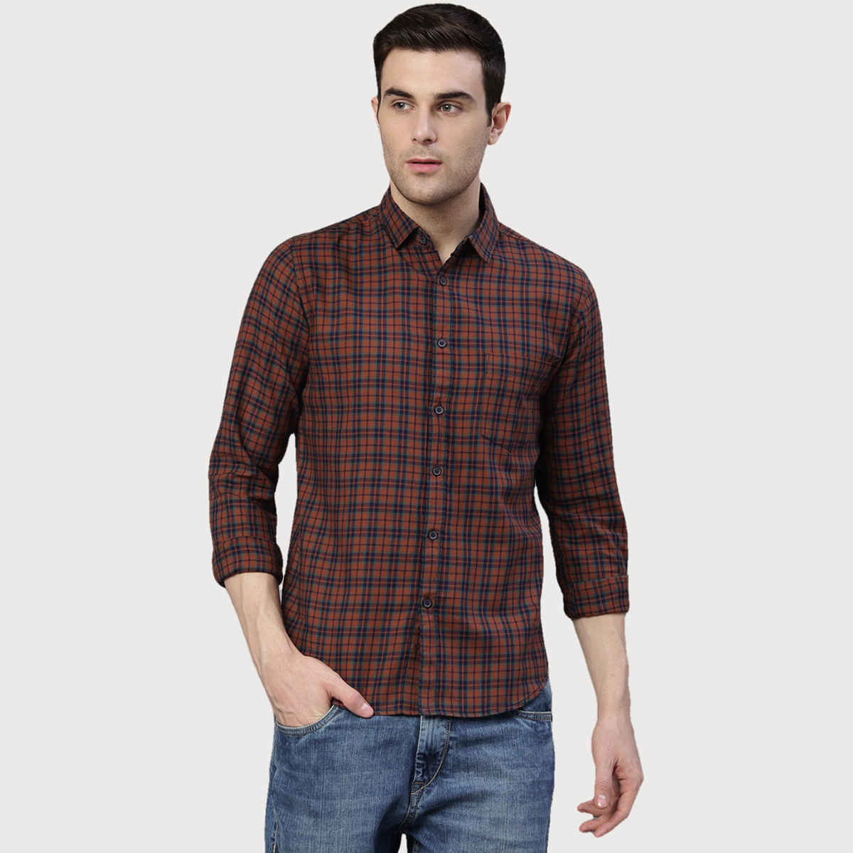 Dennis Lingo Men's Checkered Slim Fit Casual Shirt | Khaki | S