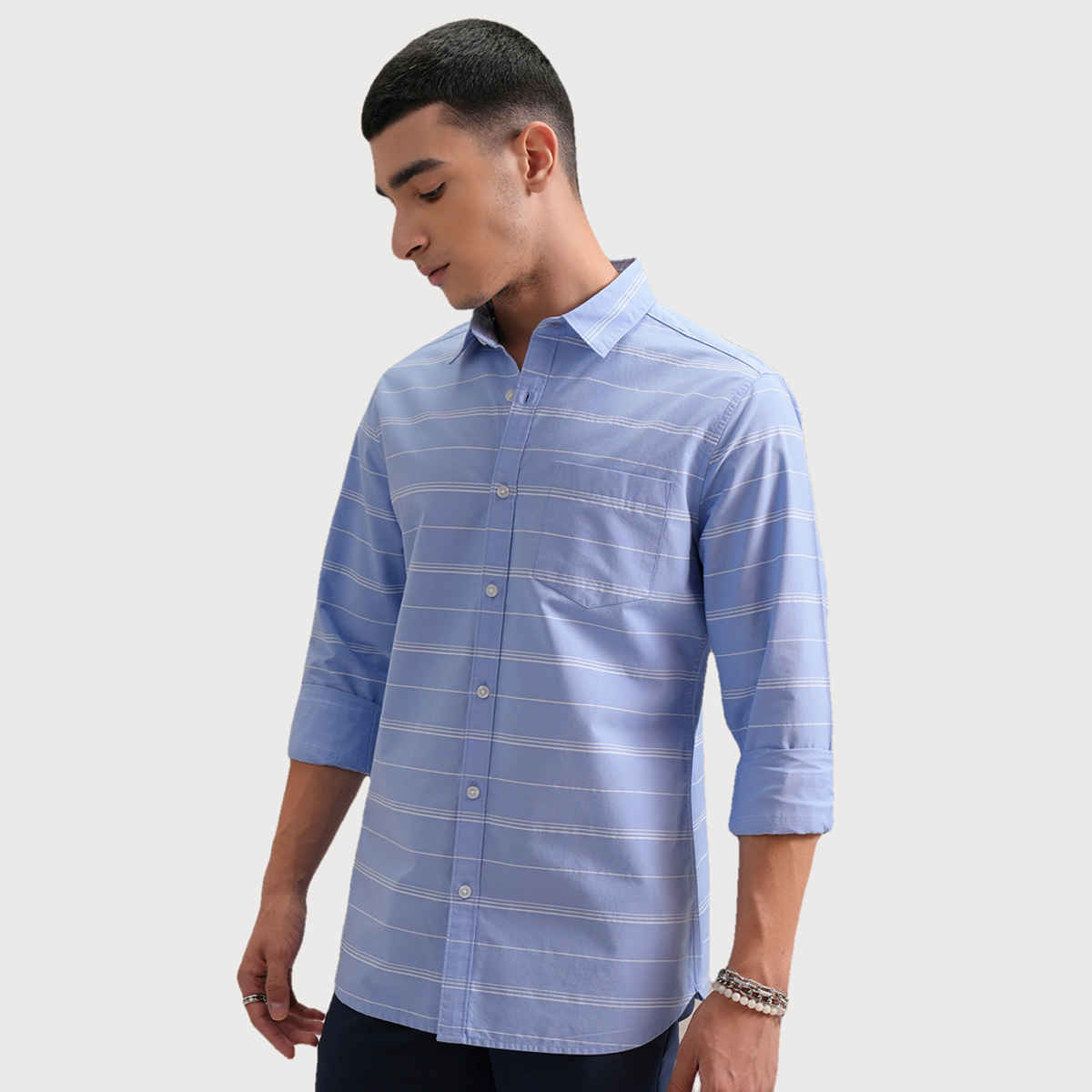 Highlander Men's Classic Slim Fit Horizontal Striped Spread Collar Cotton Shirt | Blue & White - M