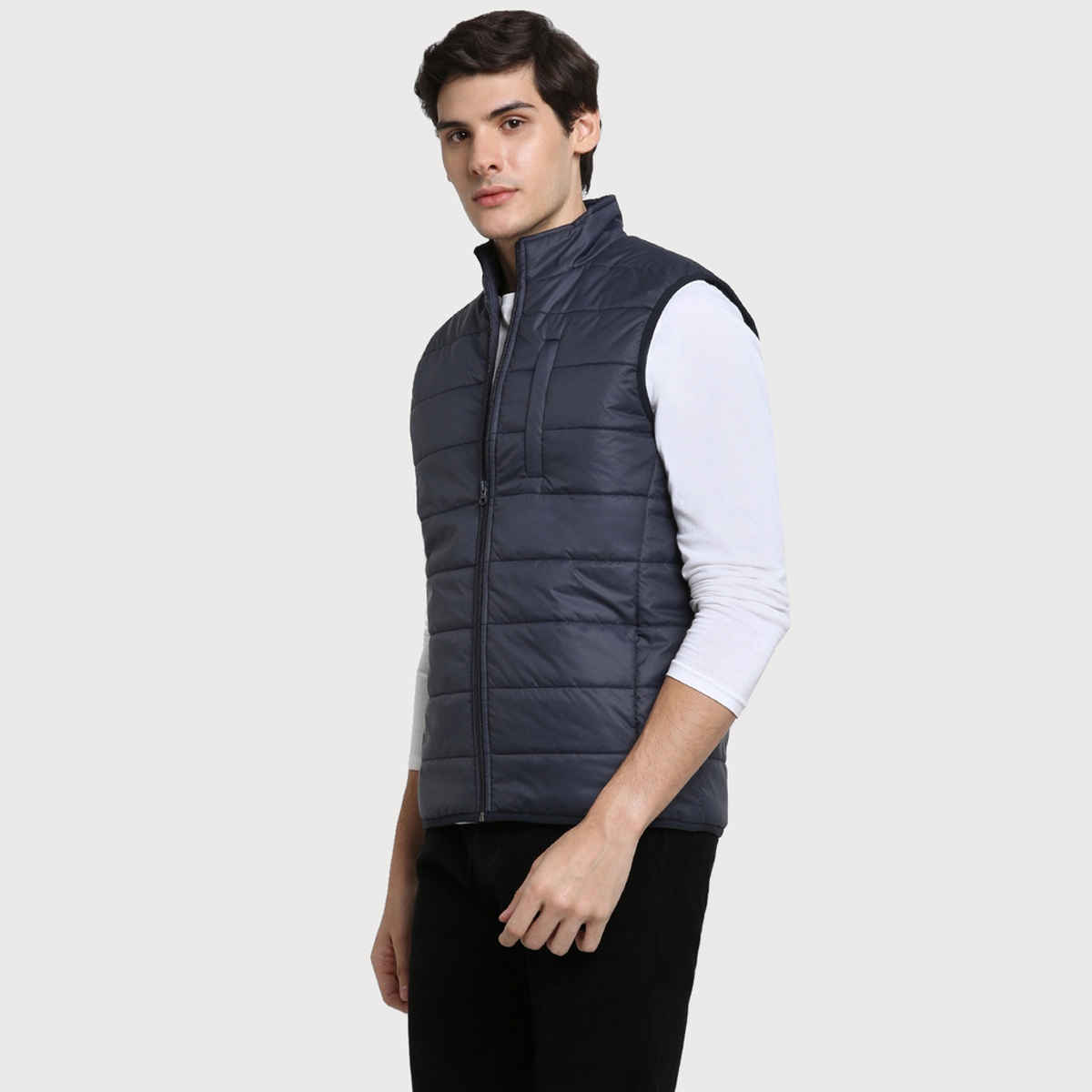 Dennis Lingo Men's Dark Blue Regular Fit Solid Sleeveless Quilted Jacket | Dlmjkw23011 Db | S