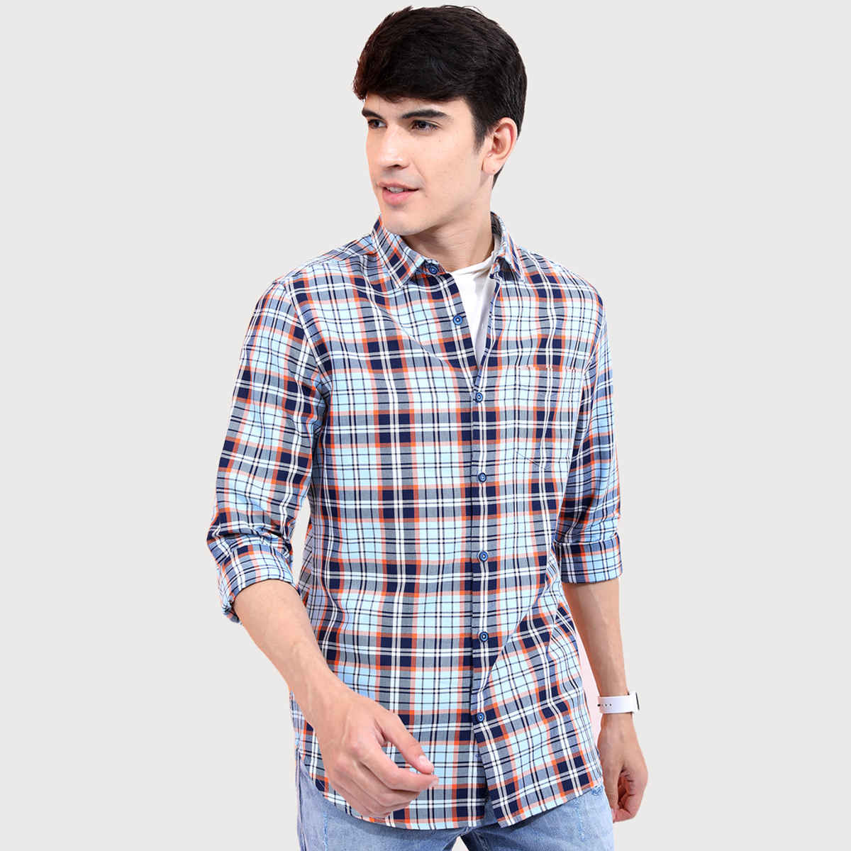 HIGHLANDER Men's Slim Fit Tartan Checked Casual Shirt | Blue - XL