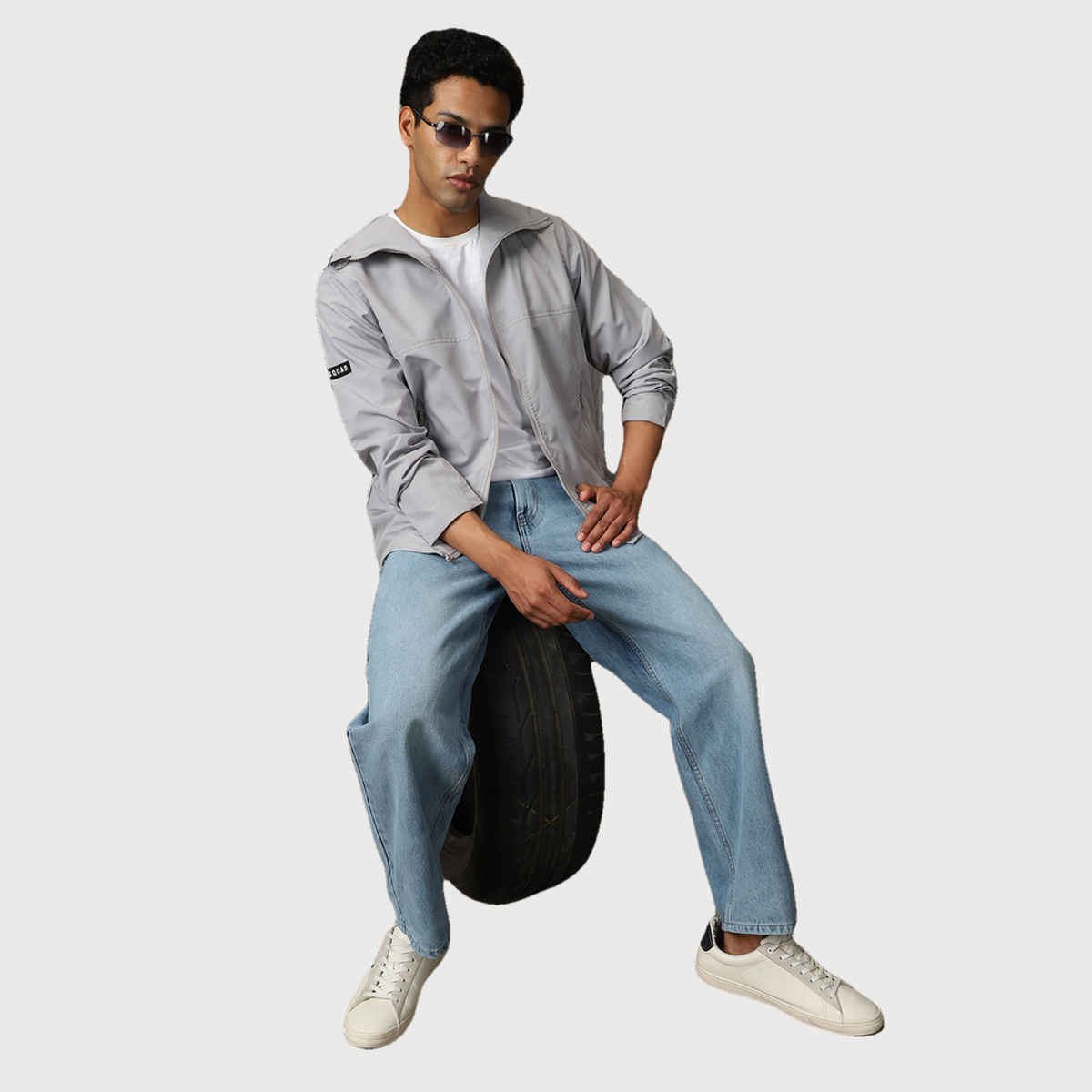 High Star Men's Windcheater Light Winters Hooded Bomber With Badge Detail Jacket | Gray - M