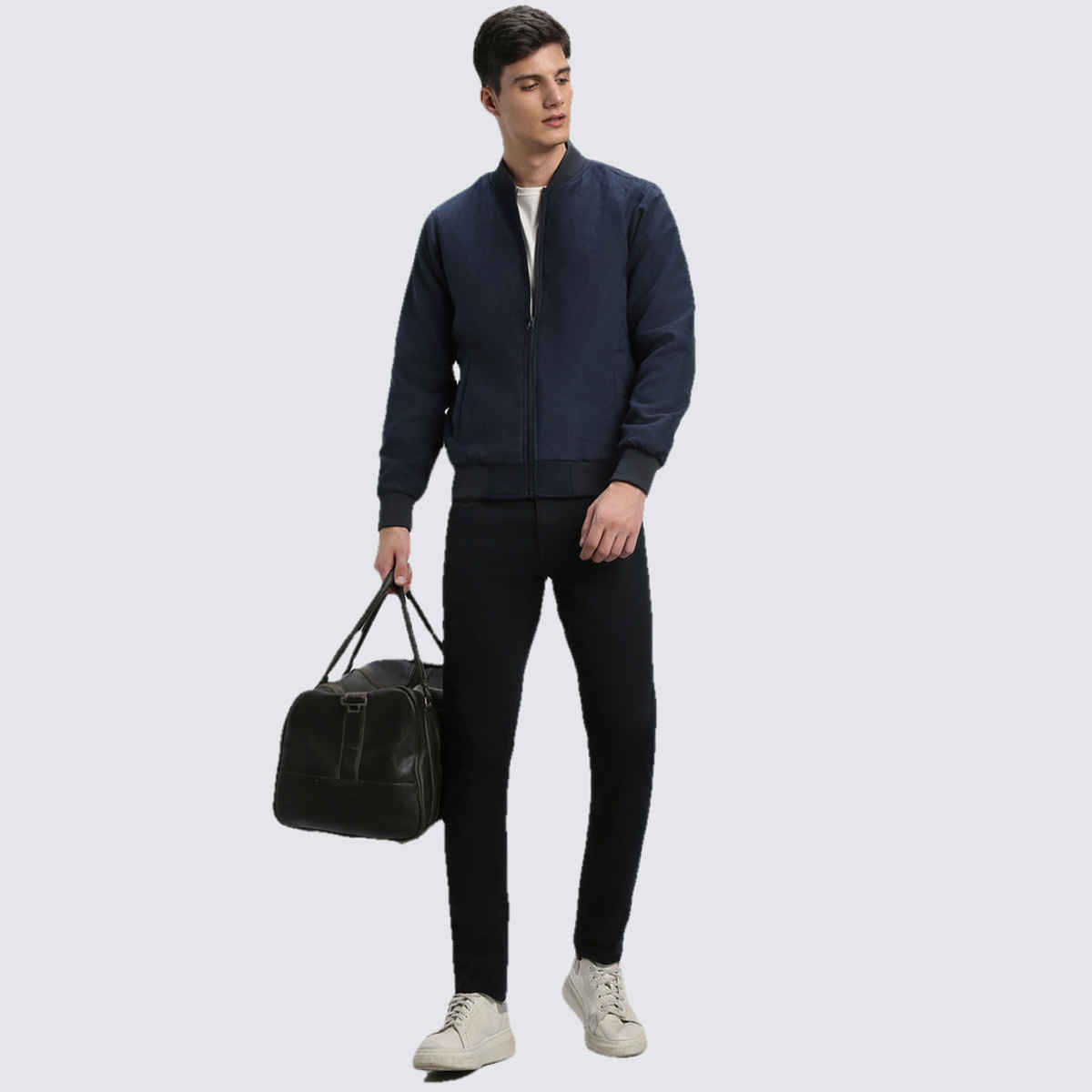 Dennis Lingo Men's Rib Collar Regular Fit Solid Navy Suede Bomber Jacket | Dlmjkw23030 - Nv | M