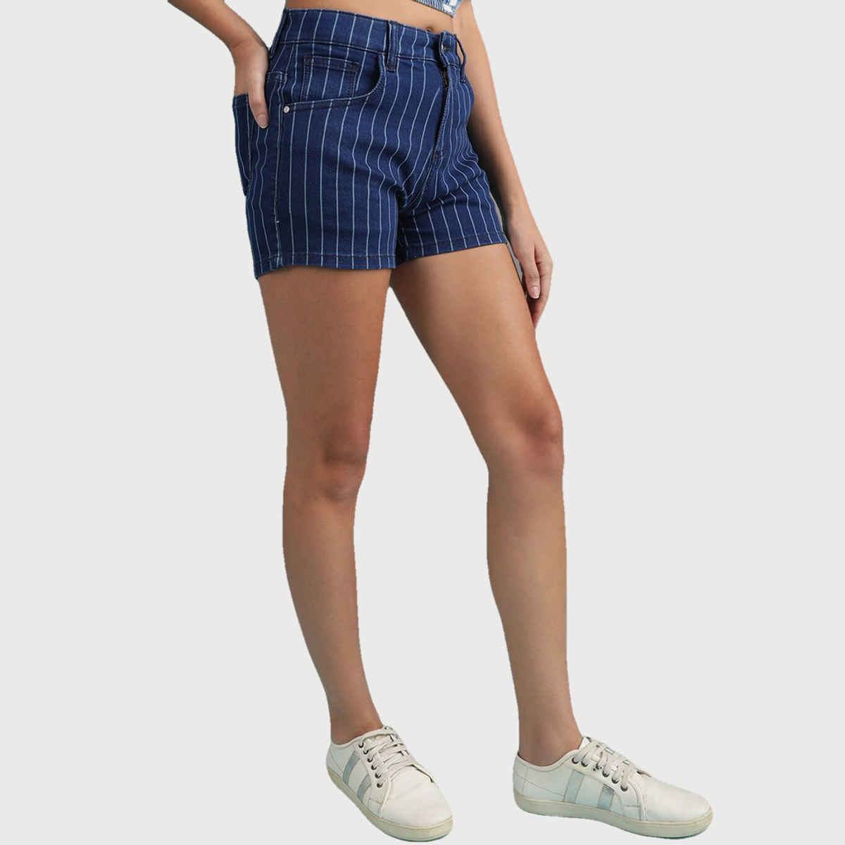 Freehand Women's Laser Striped Denim Shorts | Blue - 34