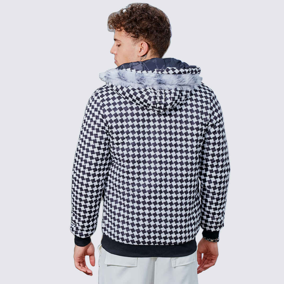 Campus Sutra Men's Checkboard Puffer Jacket With Fleece Hood | Carbon Black & Chalk White - XL