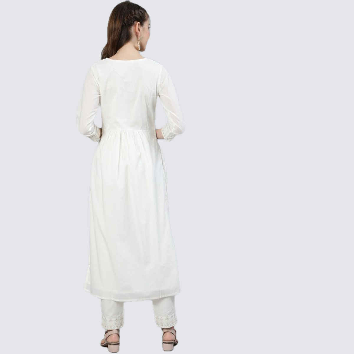 Ishin Women's Kurta Set Ethnic Motifs Embroidered Pure Cotton with Trousers | Off White - L