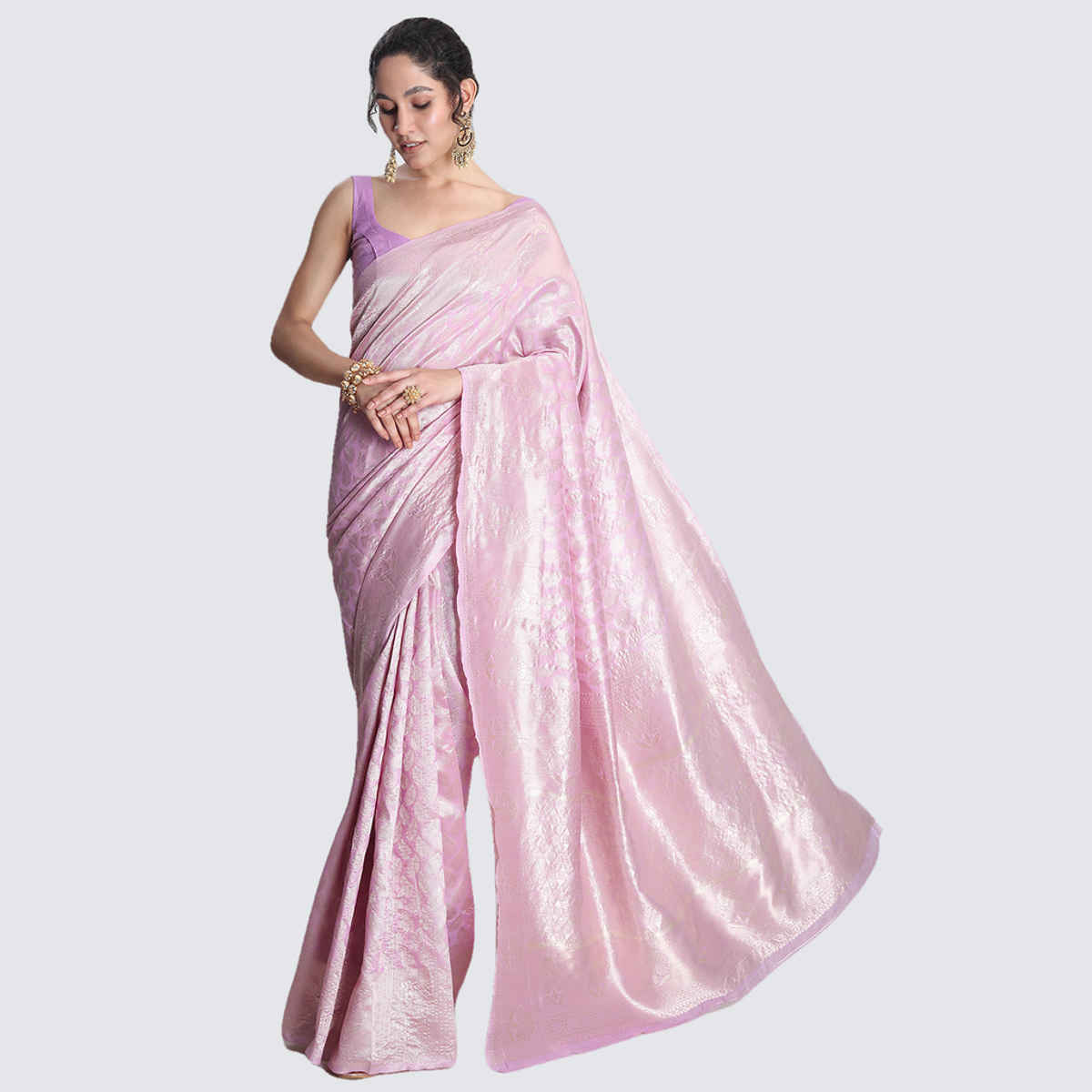 Janasya Women's Silk Blend Leaf Motifs Saree with Blouse Piece | SAR646 | Lavender