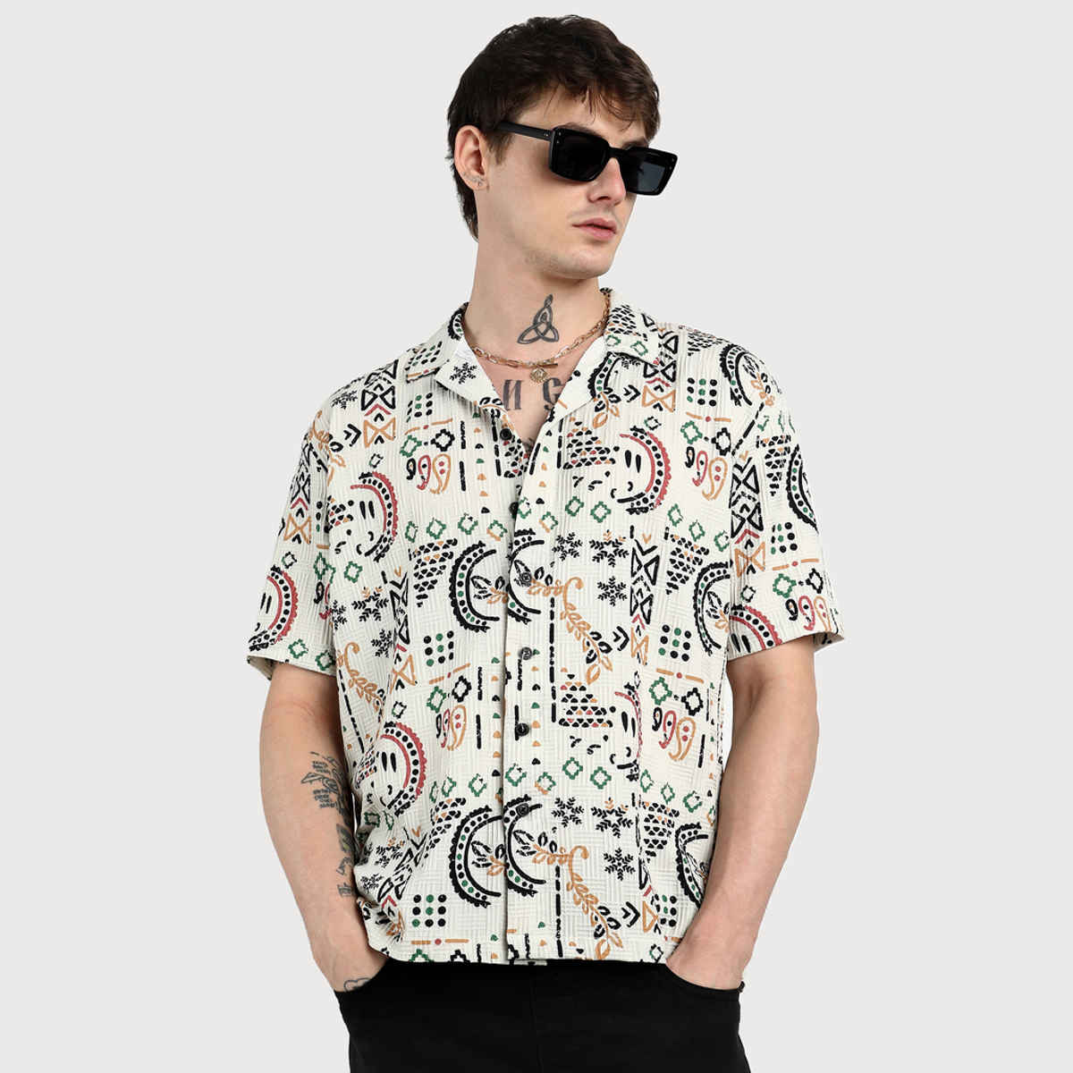 Campus Sutra Men's Polyester Oversized Bohemian Shirt | Off-White | S