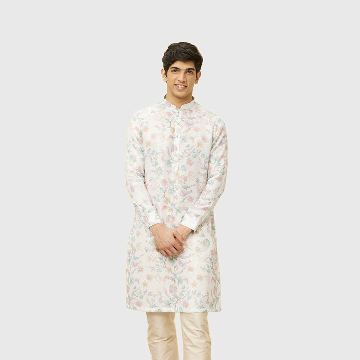 Manyavar Cream Blended Cotton Printed Kurta | XL