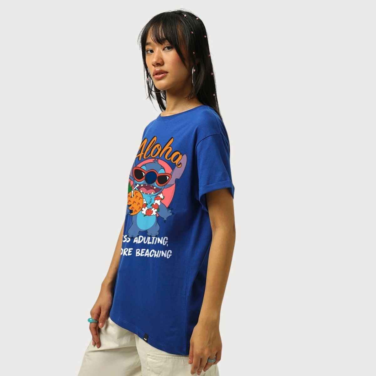 Bewakoof Women's Official Disney Lilo & Stitch Graphic Printed Boyfriend T-shirt | Blue - S