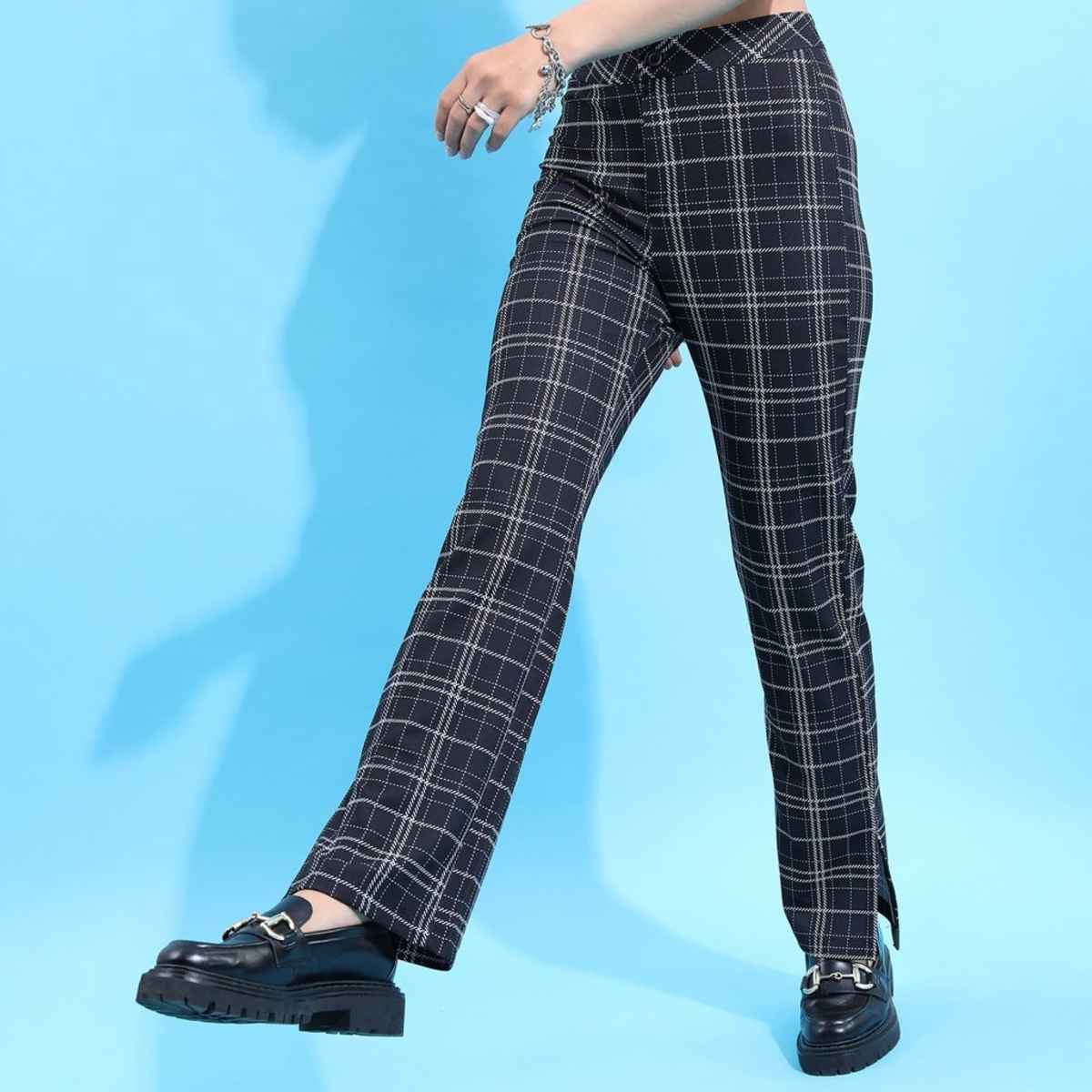 Ketch Women's Mid Rise Plain Checked Trousers | Black and White - 34