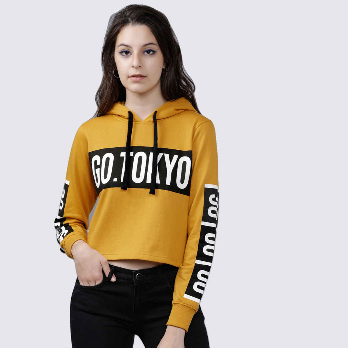 Tokyo Talkies Women's Printed Hooded Sweatshirt | Mustard - L