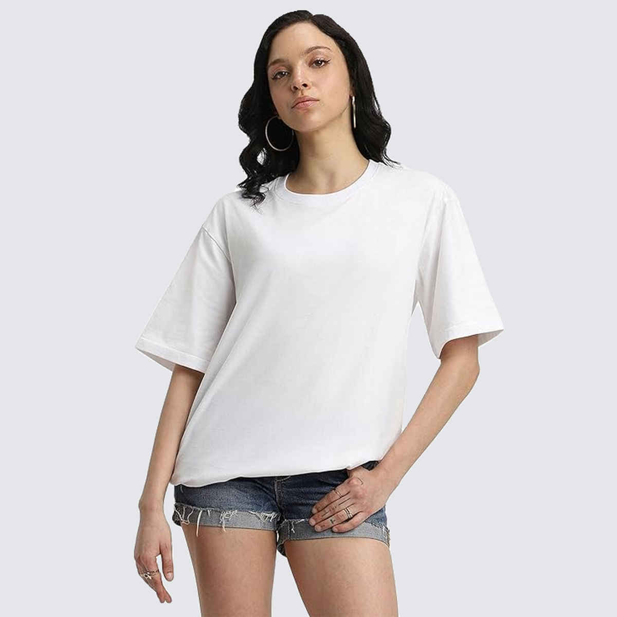Juneberry White Oversized Fit Round Neck T-shirt for Women - XL