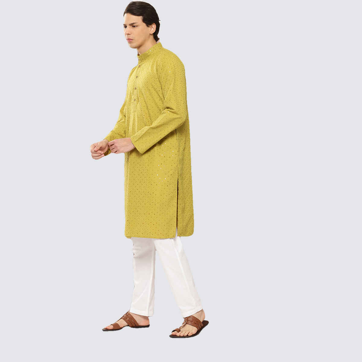 See Designs Men's Embroidered Sequined Rayon Kurta | Lime Green - M