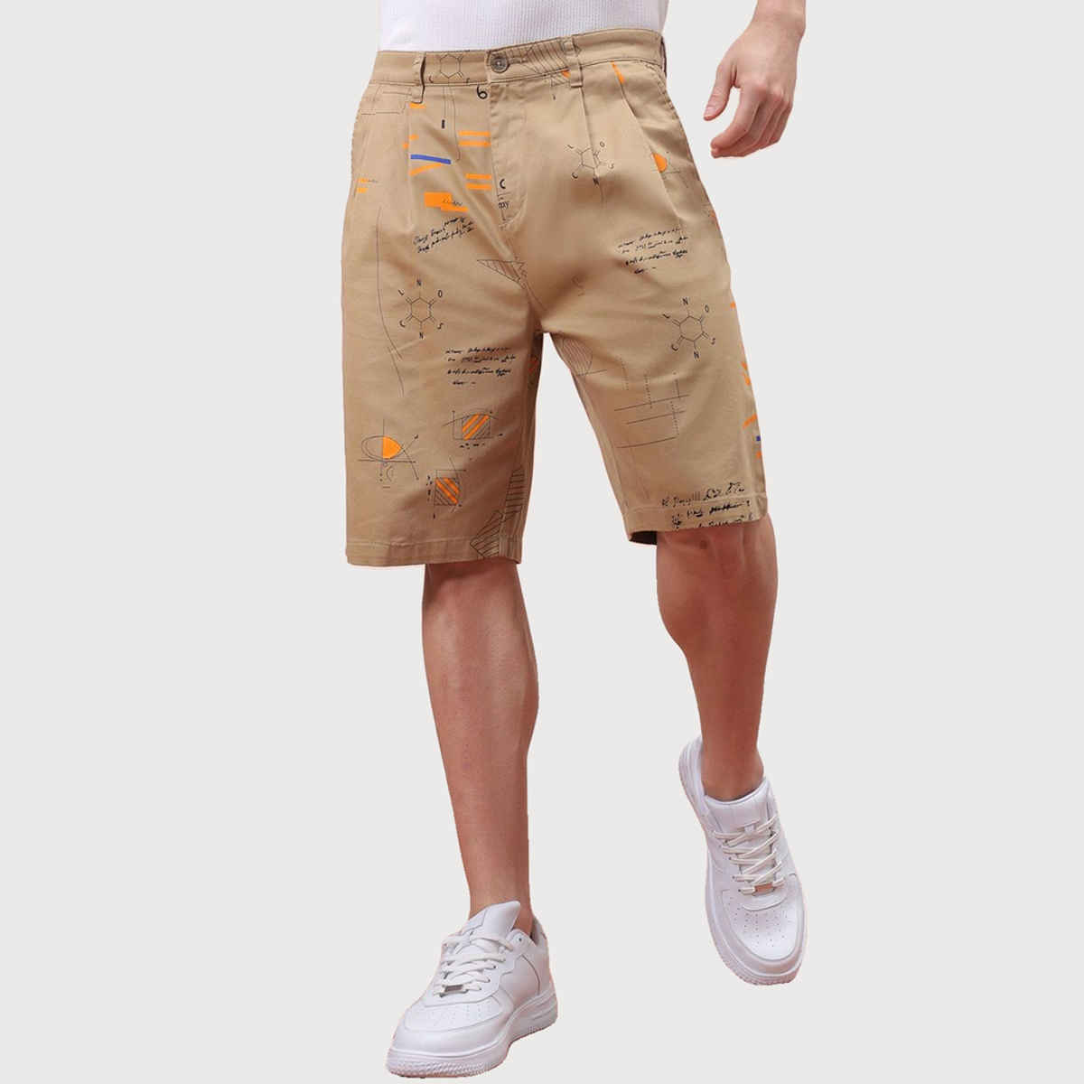 The Indian Garage Co Men s | Relaxed Fit Face Print Casual Pleated Shorts | Beige | 32