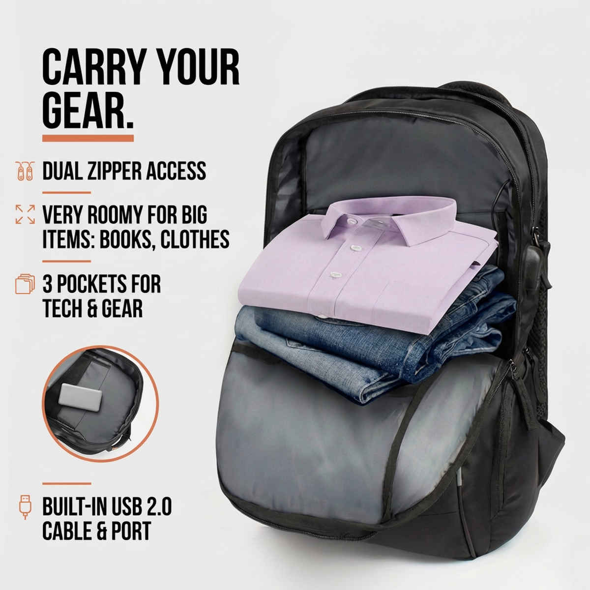 Lunar's Unisex Anti Theft Office Laptop Backpack with USB Charging Slot | Black - 15.6 inch