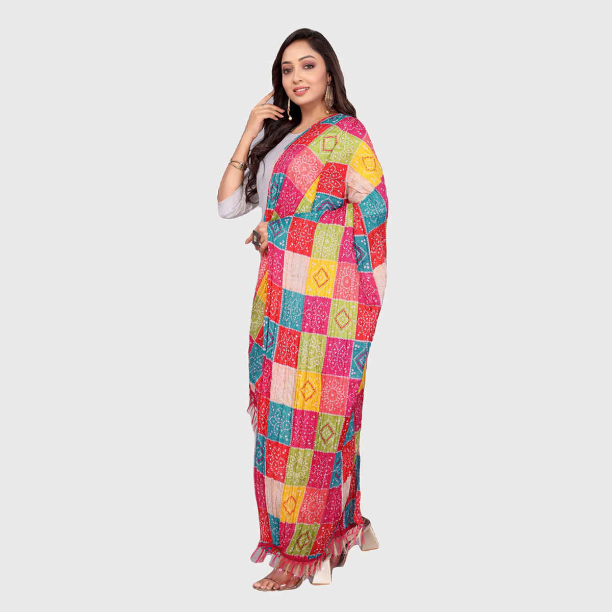 Fabflick Chinon Crush Printed Multicolor Tassel Embellished Women's Dupatta | CHNCR-002