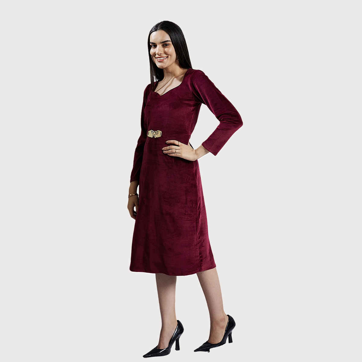 Athena Women's Sweetheart Neck Embellished Detailed A-Line Midi Dress | Maroon - L