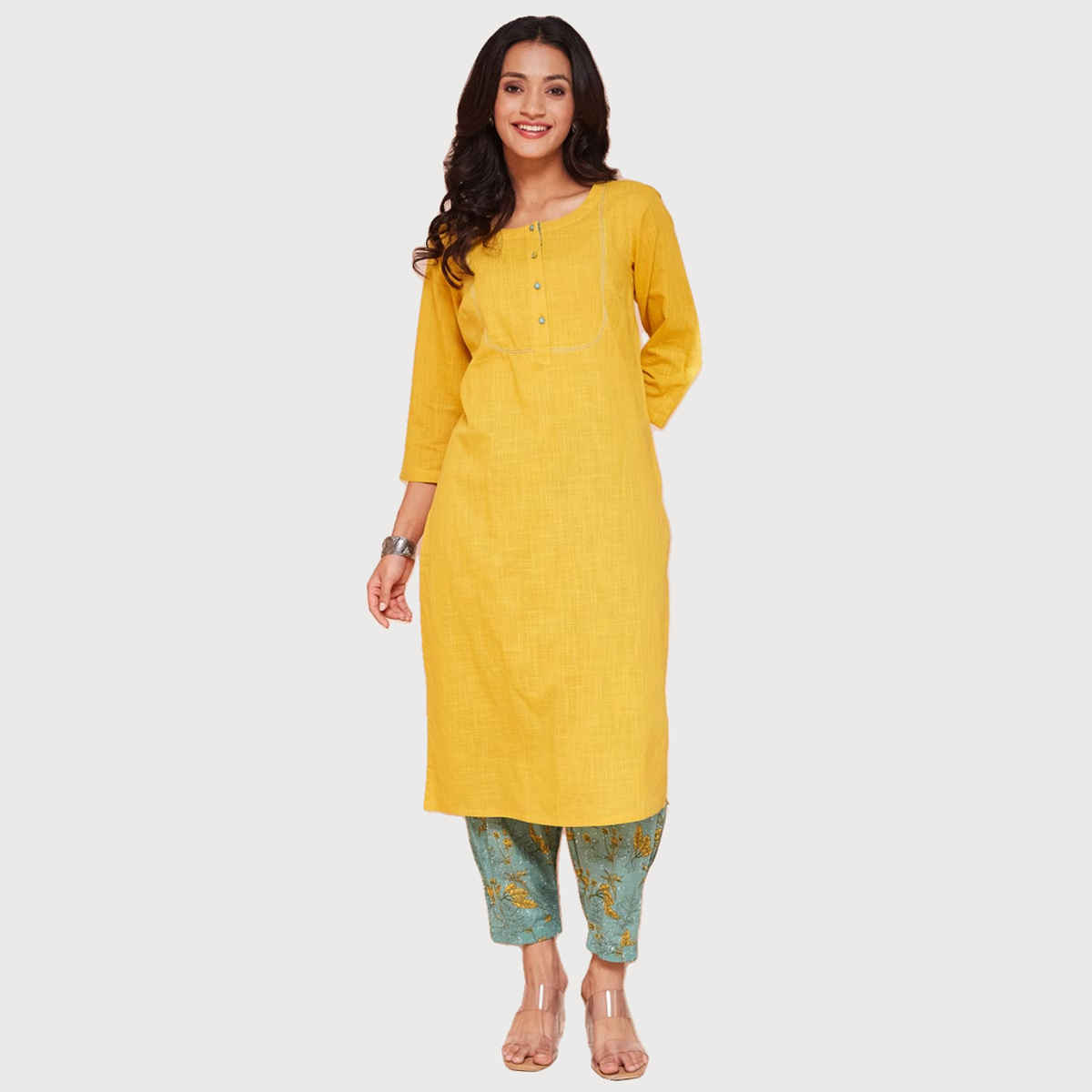 Fabindia Women's Kurta & Salwar Set Cotton Regular Fit | Yellow - M