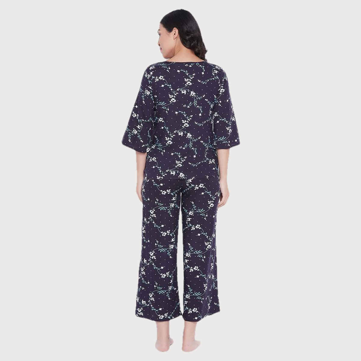 Clovia Women's Pretty Florals Rayon Top & Pyjama Set | LS0534P08 | Blue - S