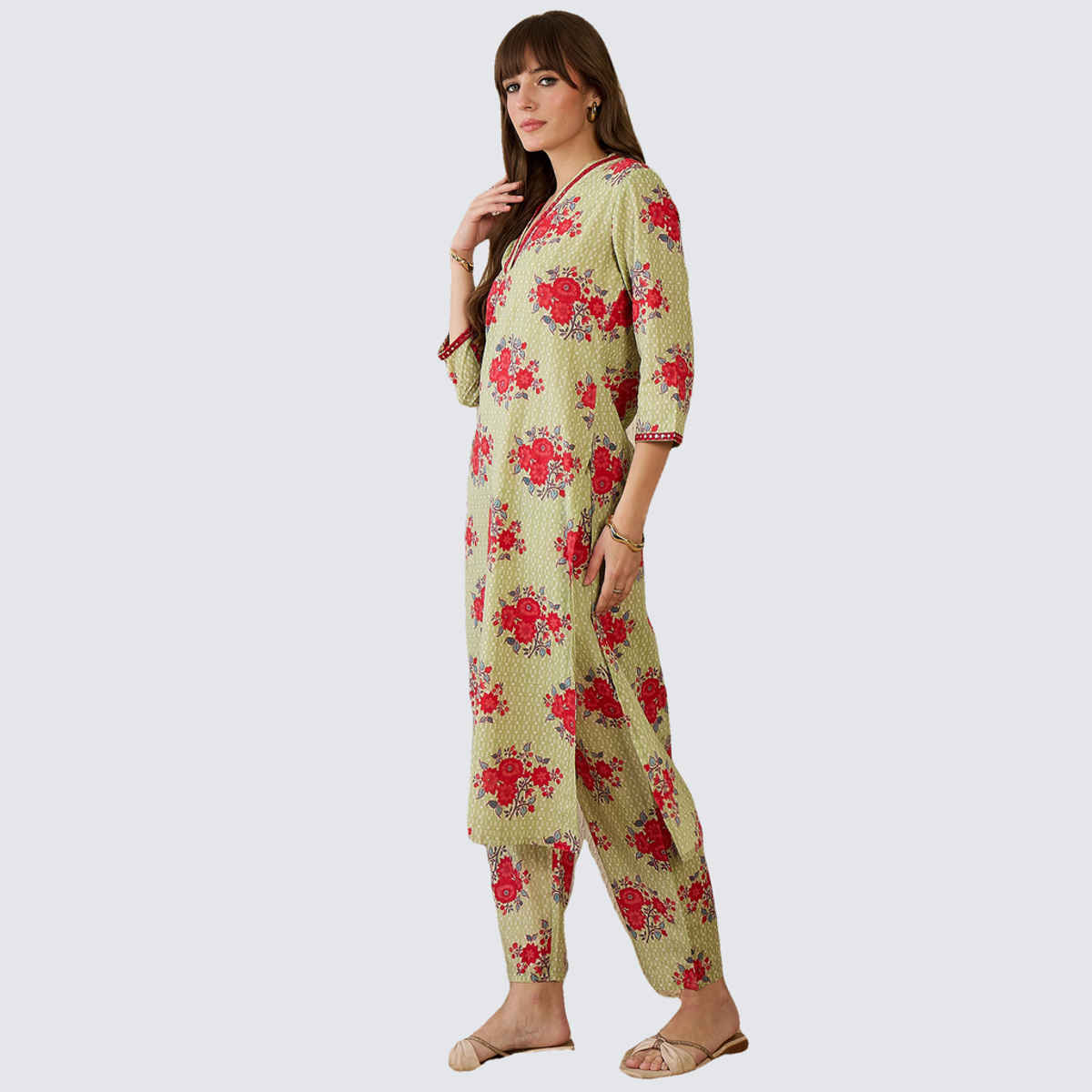 INDO ERA Women's Printed Straight Kurta Pant Set | KS0GN10047 | Green - XL