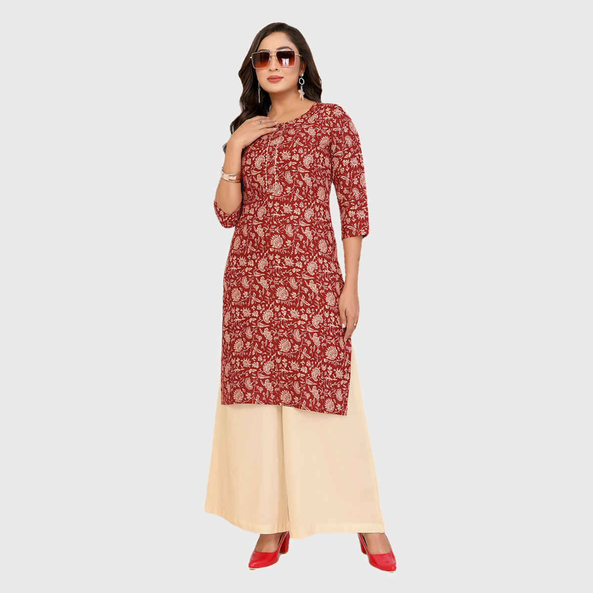 Rangita Women's Rayon Printed Straight Knee Length Kurta | Maroon - S