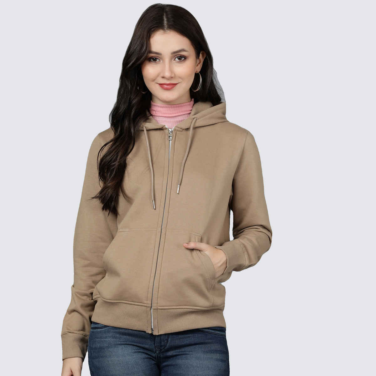 Alan Jones Clothing Women's Solid Zipper Hooded Sweatshirt | Tan - S