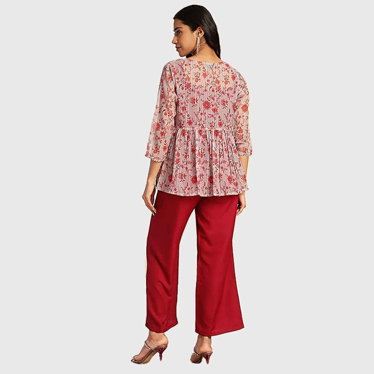 Janasya Women's Wine Crepe Solid Crop Top with Pant and Jacket - S