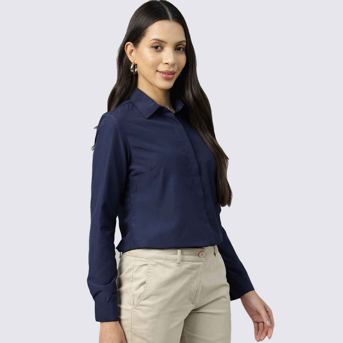 English Navy Women's Solid Regular Fit Polyester Formal Shirt | Navy Blue - L