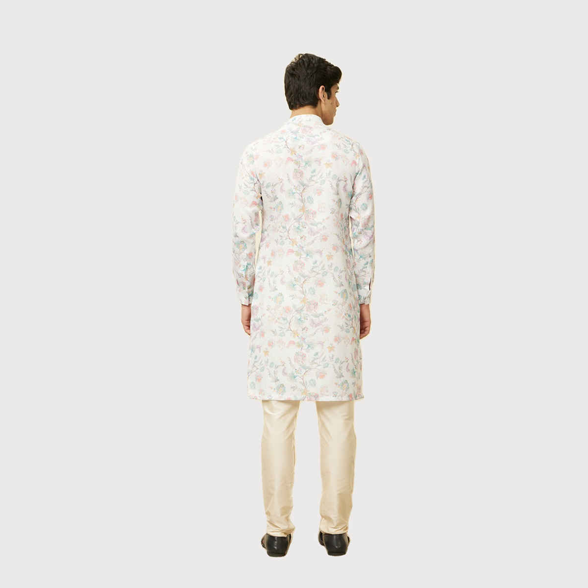 Manyavar Cream Blended Cotton Printed Kurta | XL
