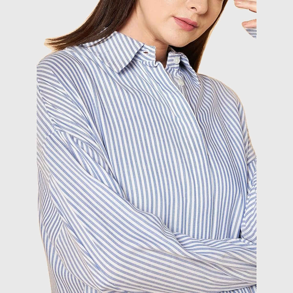 High Star Women Oversized Blue Striped Cotton Casual Shirt (Size-XL)