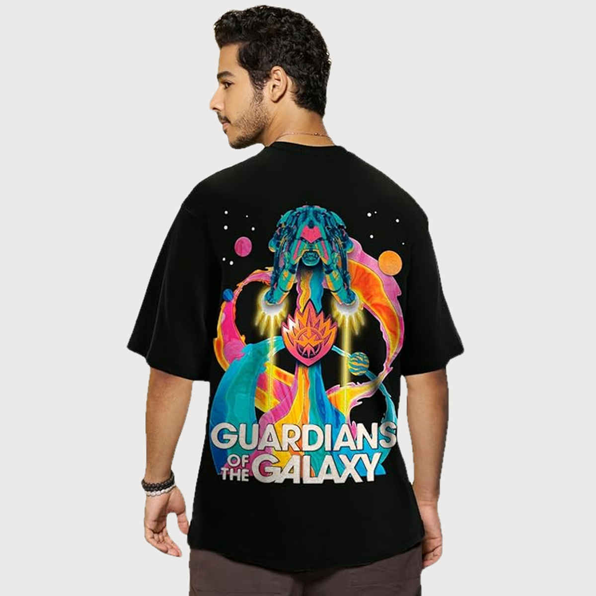 Bewakoof Marvel Guardians of the Galaxy Men's Galaxy Ship Graphic Oversized T-shirt | Black - L