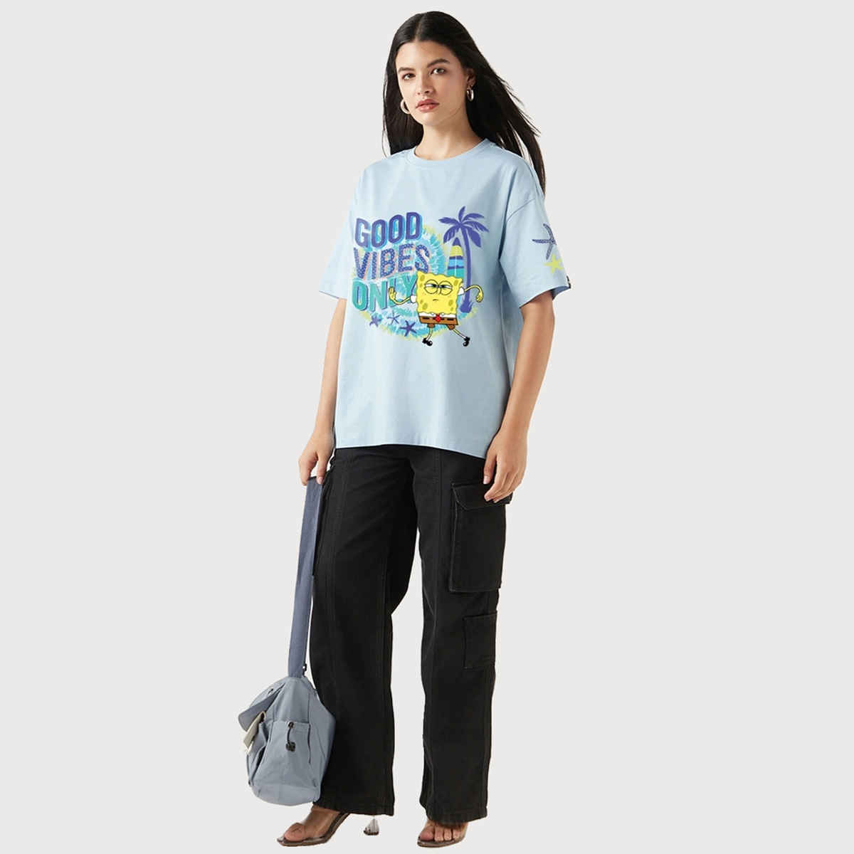 Bewakoof Women's Official SpongeBob Sponge Bob Graphic Printed Oversized T-shirt | Sky Blue - S
