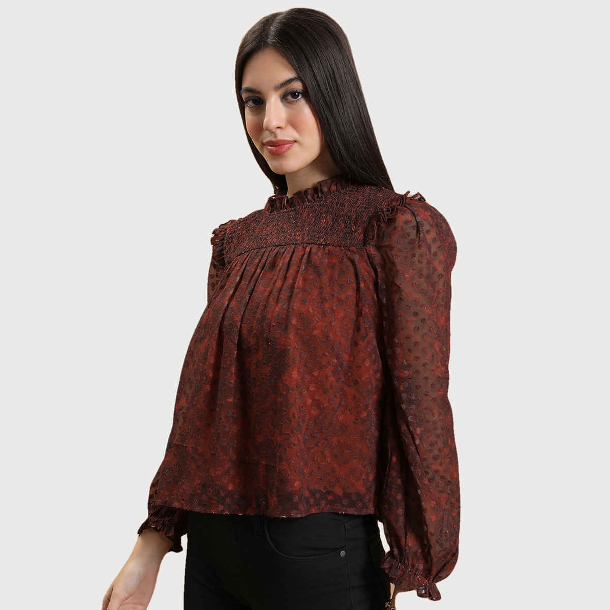 Tokyo Talkies Women's Smocked Blouson Top | Rust - S