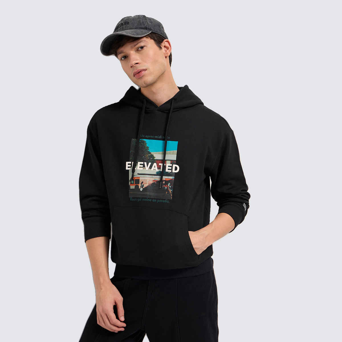The Bear House Men's Relaxed Fit Hoodie with Scenic Graphic and ELEVATED Text | Black - L