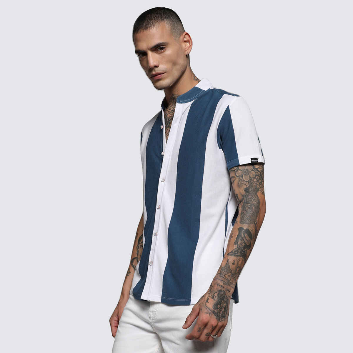 Campus Sutra Men's Striped Cotton Shirt | Blue - XL