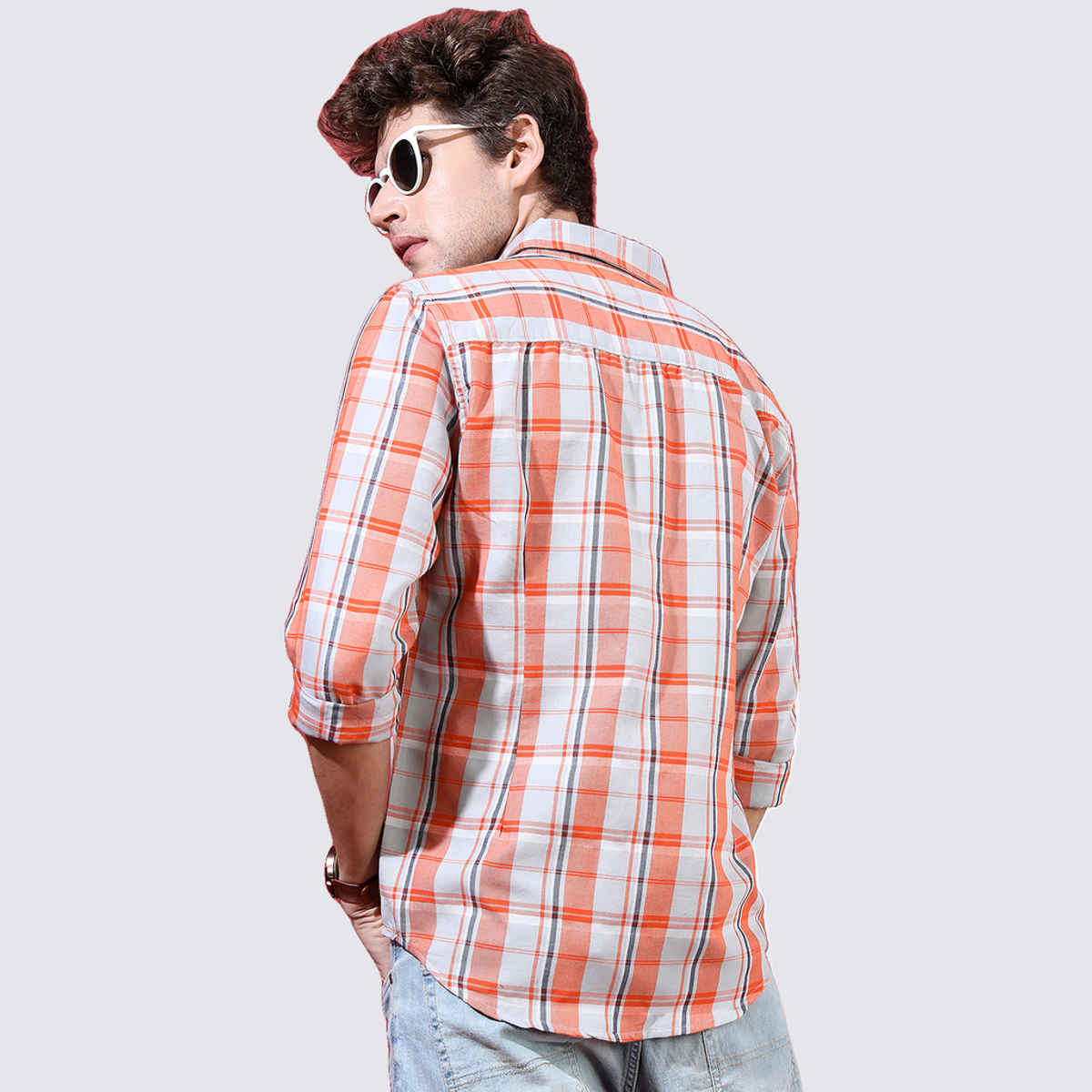 HIGHLANDER Men's Slim Fit Checked Shirt | Orange and Grey - M