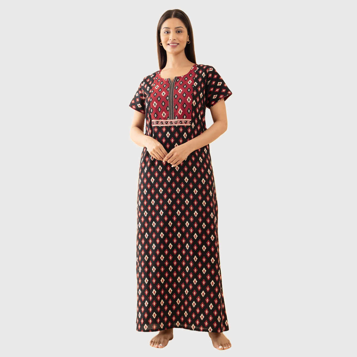 Maybell Women's Cotton Floral Printed Nighty | Black & Maroon - XXL