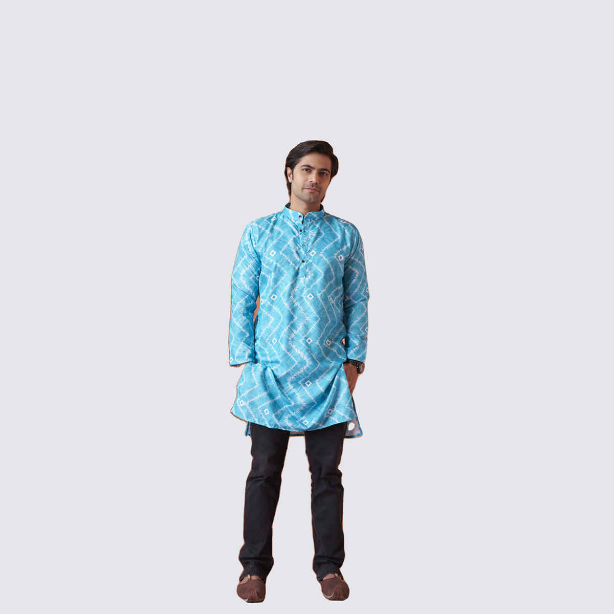 House Of Festivals Men's Printed Cotton Blend Tie & Die Look Long Kurta | Blue - L