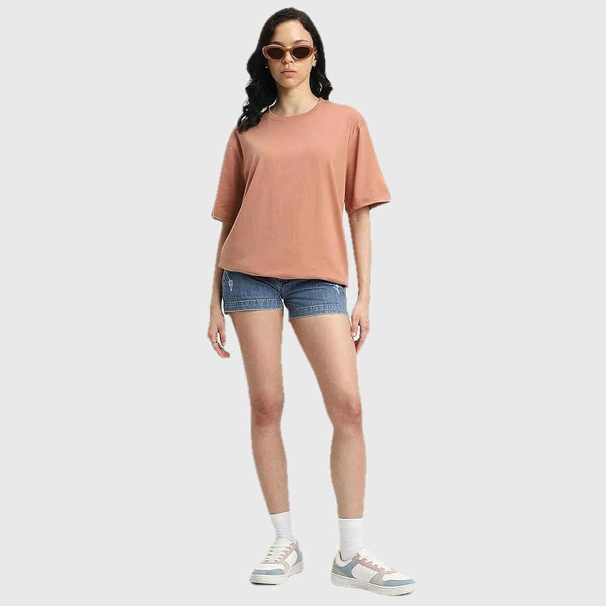 Juneberry Cork Oversized Fit Round Neck T-shirt for Women - L